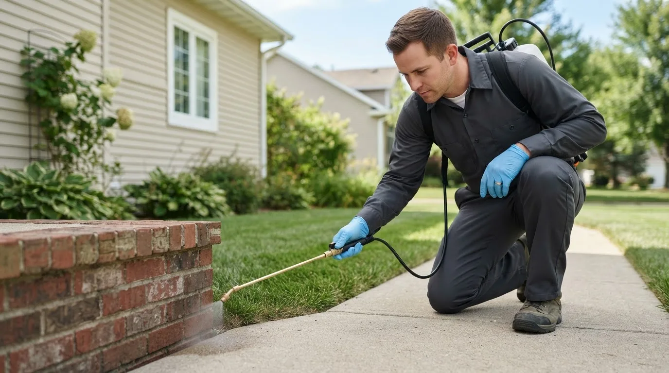 Pest control technician treating a home near Weare, NH